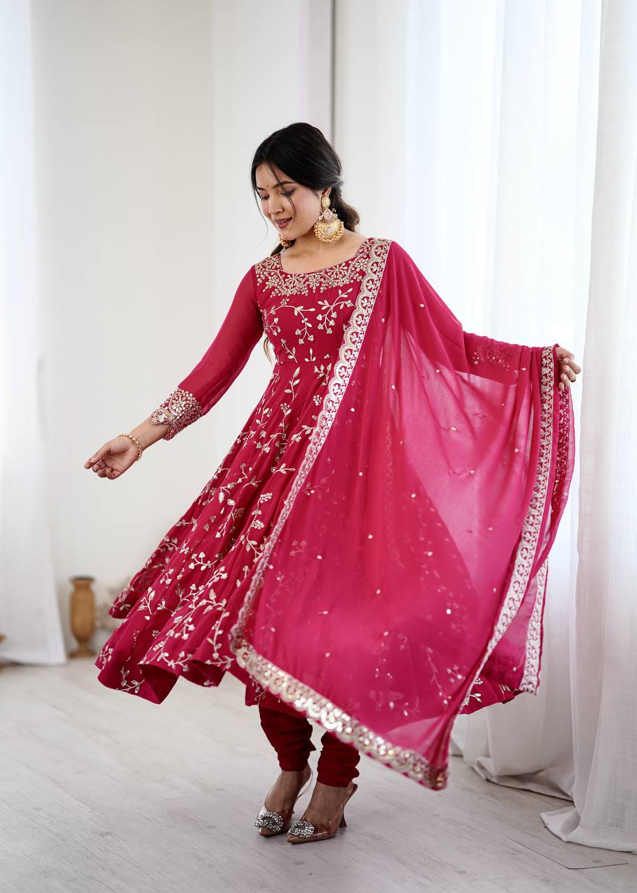 Ravishing Red Color Embroidery Work Georgette Gown
