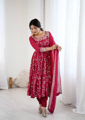 Ravishing Red Color Embroidery Work Georgette Gown