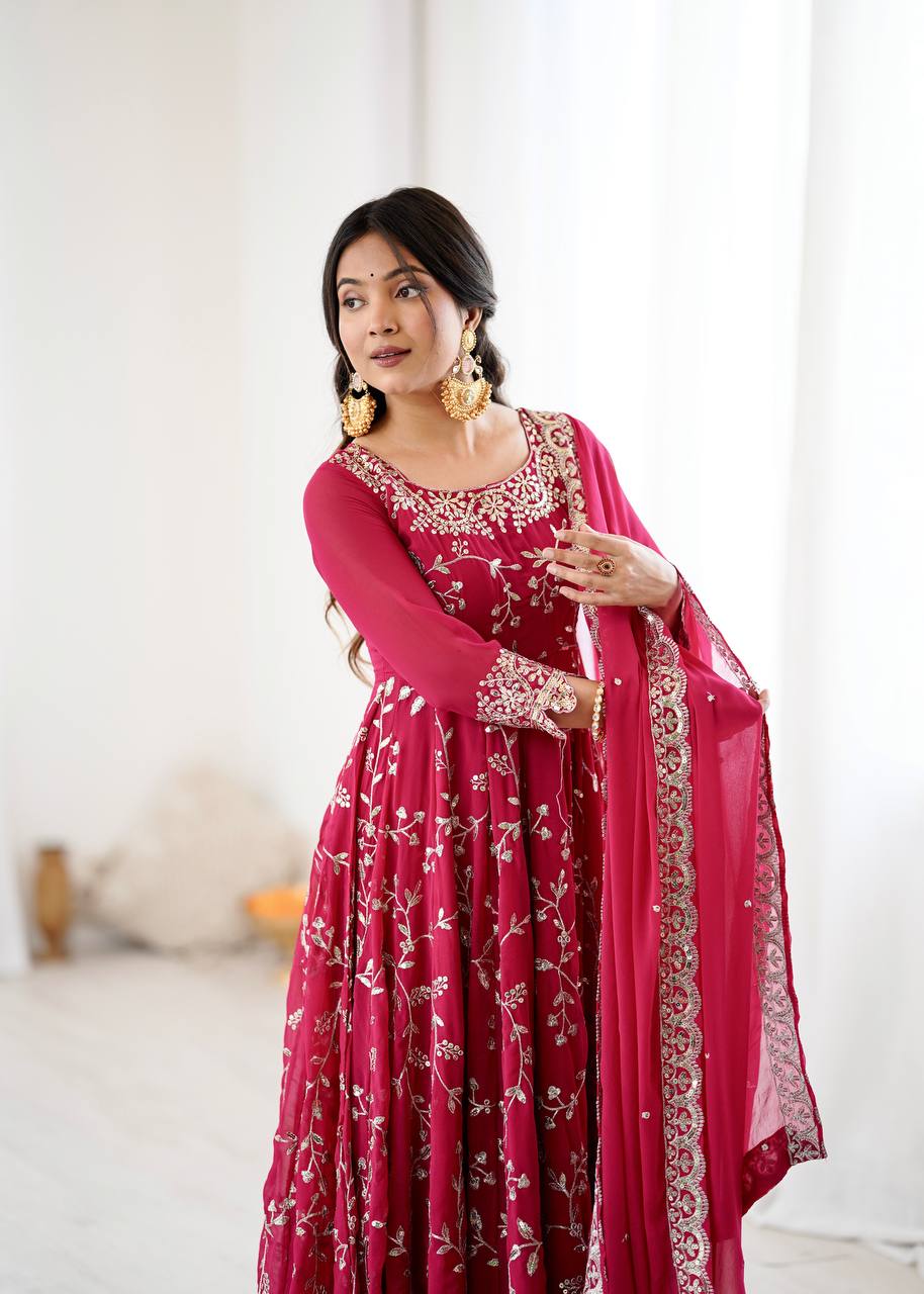 Ravishing Red Color Embroidery Work Georgette Gown