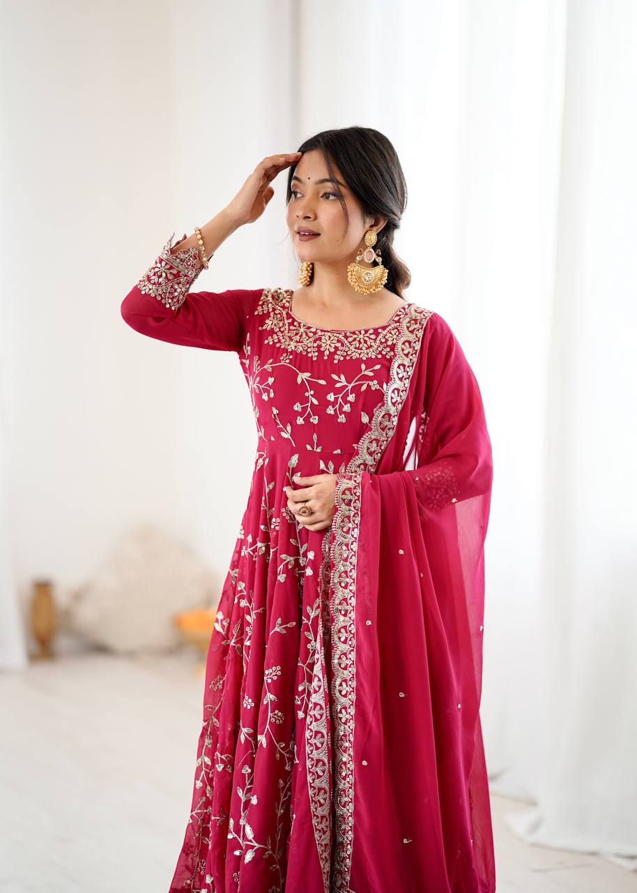 Ravishing Red Color Embroidery Work Georgette Gown