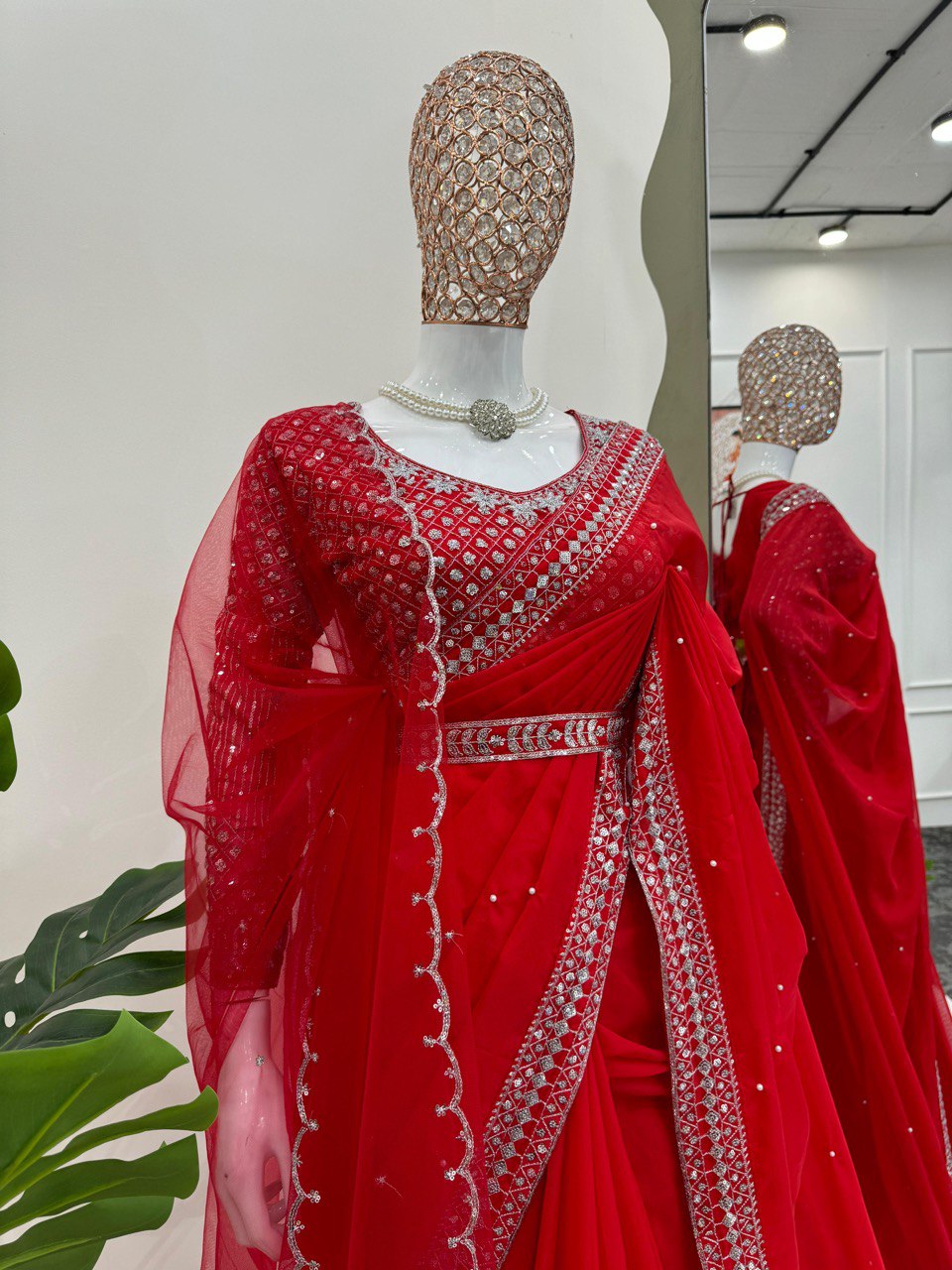 Attractive Red Color Sequence Work Silk Saree