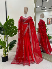 Attractive Red Color Sequence Work Silk Saree
