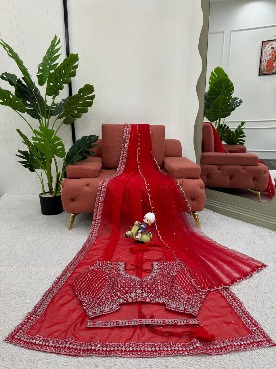 Attractive Red Color Sequence Work Silk Saree