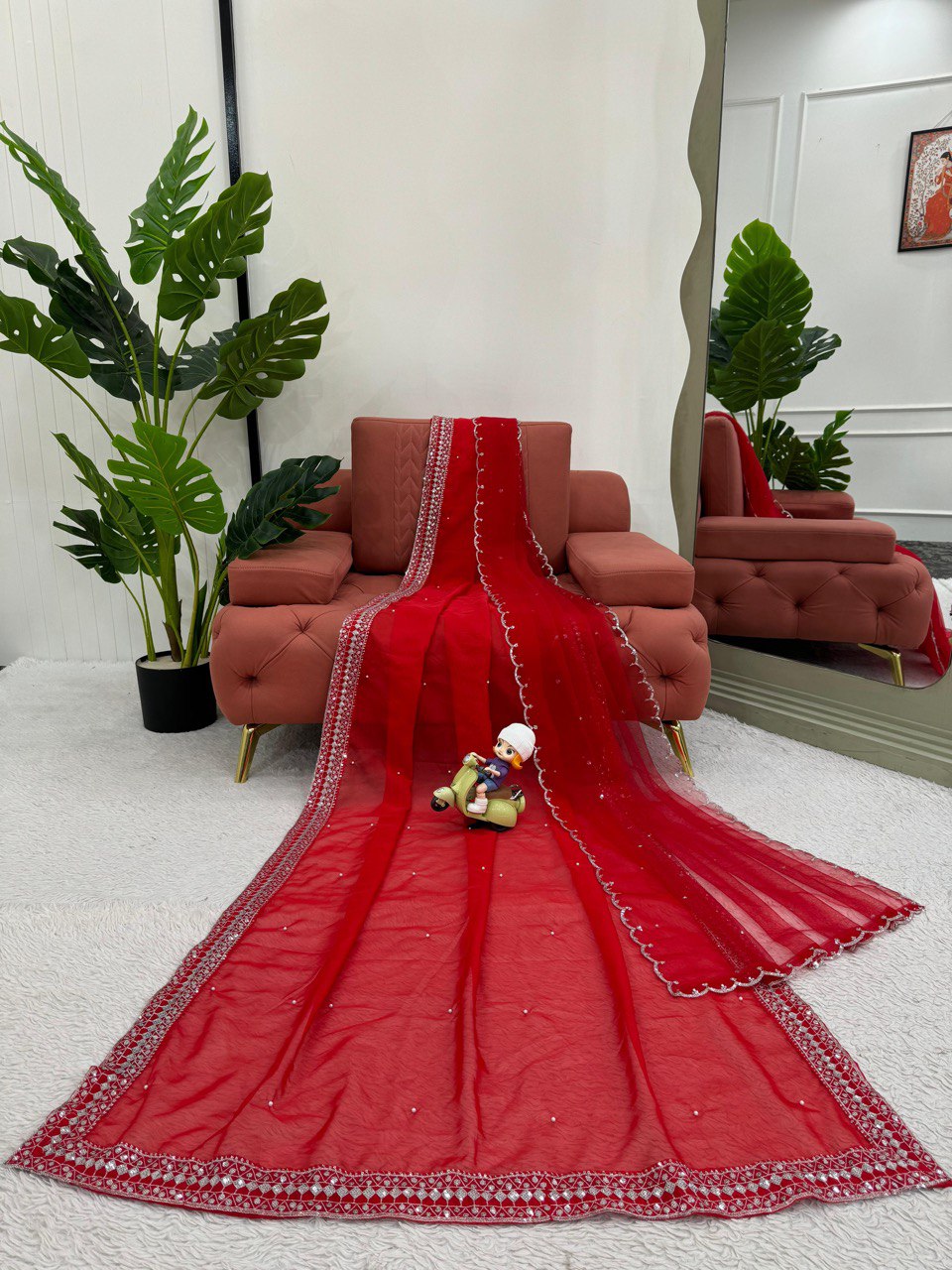 Attractive Red Color Sequence Work Silk Saree