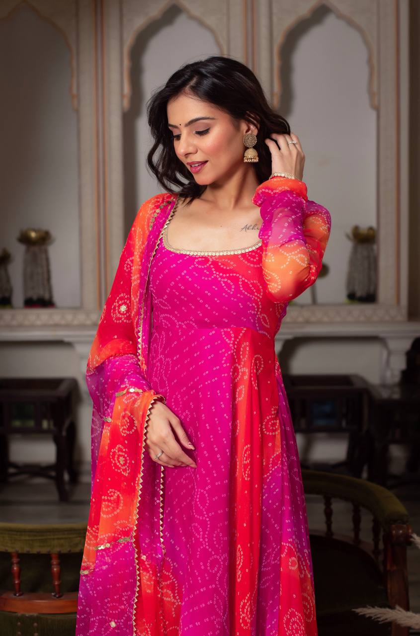 Ravishing Pink Color Digital Printed Georgette Anarkali Suit