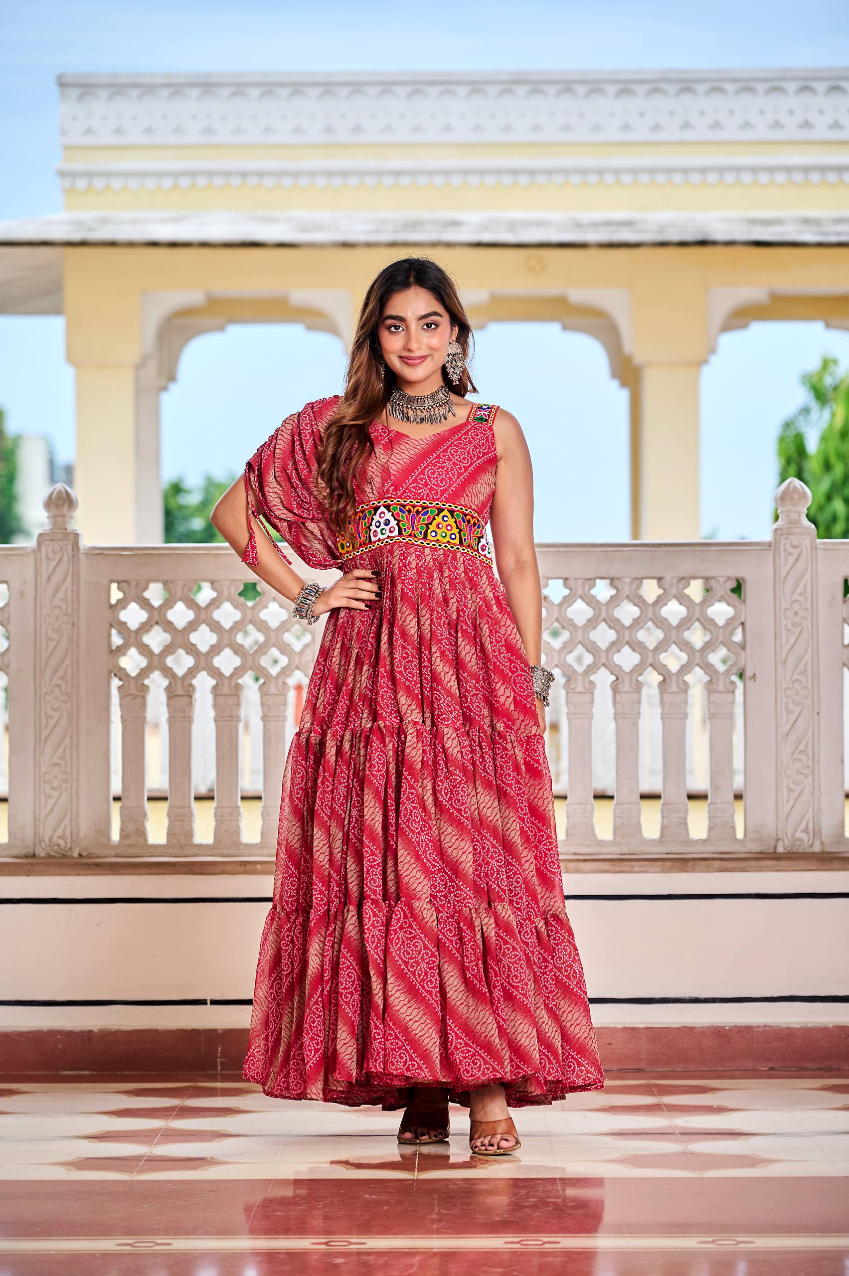 Alluring Brown Color Bandhni Gamthi Work Gown