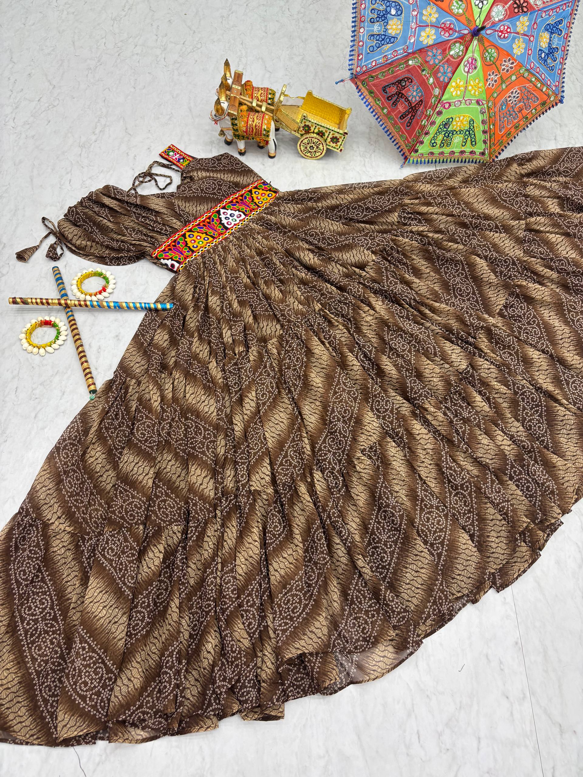Alluring Brown Color Bandhni Gamthi Work Gown