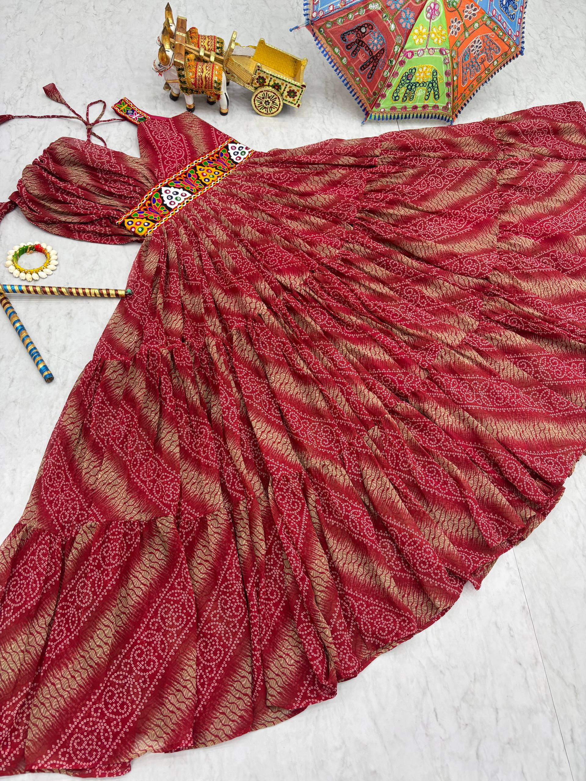 Alluring Brown Color Bandhni Gamthi Work Gown