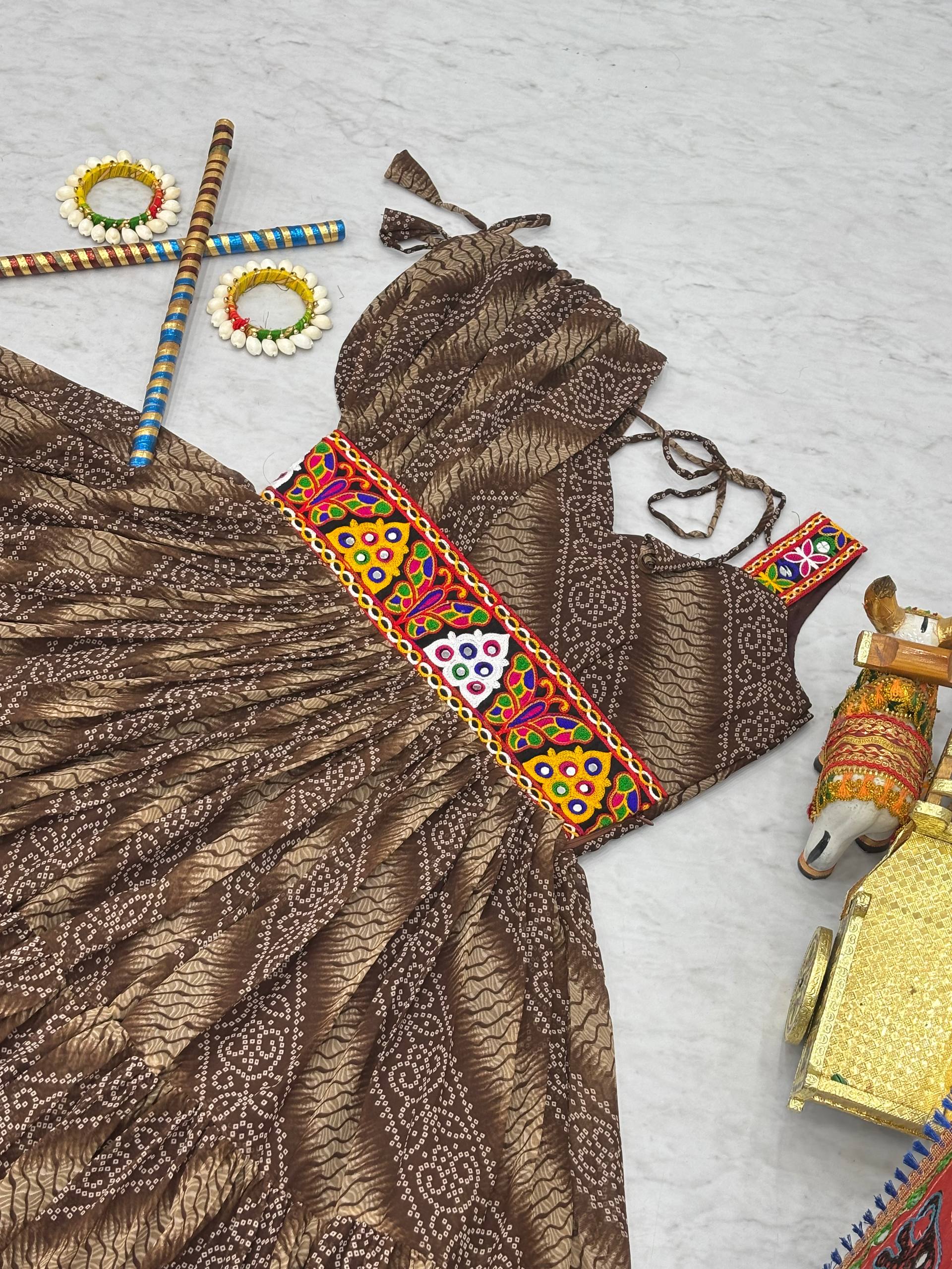 Alluring Brown Color Bandhni Gamthi Work Gown