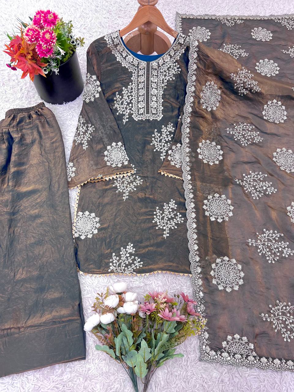 Alluring Brown Color Embroidery Work Palazzo Suit
