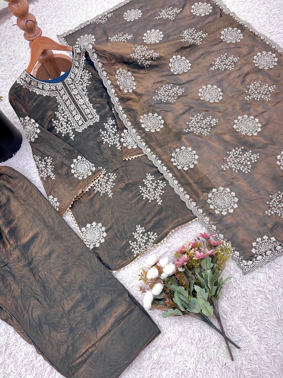 Alluring Brown Color Embroidery Work Palazzo Suit