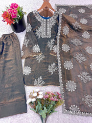 Alluring Brown Color Embroidery Work Palazzo Suit