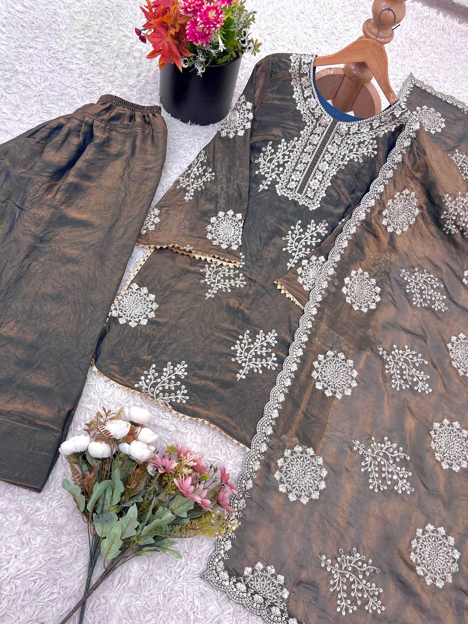 Alluring Brown Color Embroidery Work Palazzo Suit