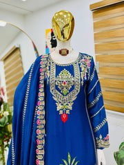 Trendy Blue Color Embroidery Thread Work Sharara Suit