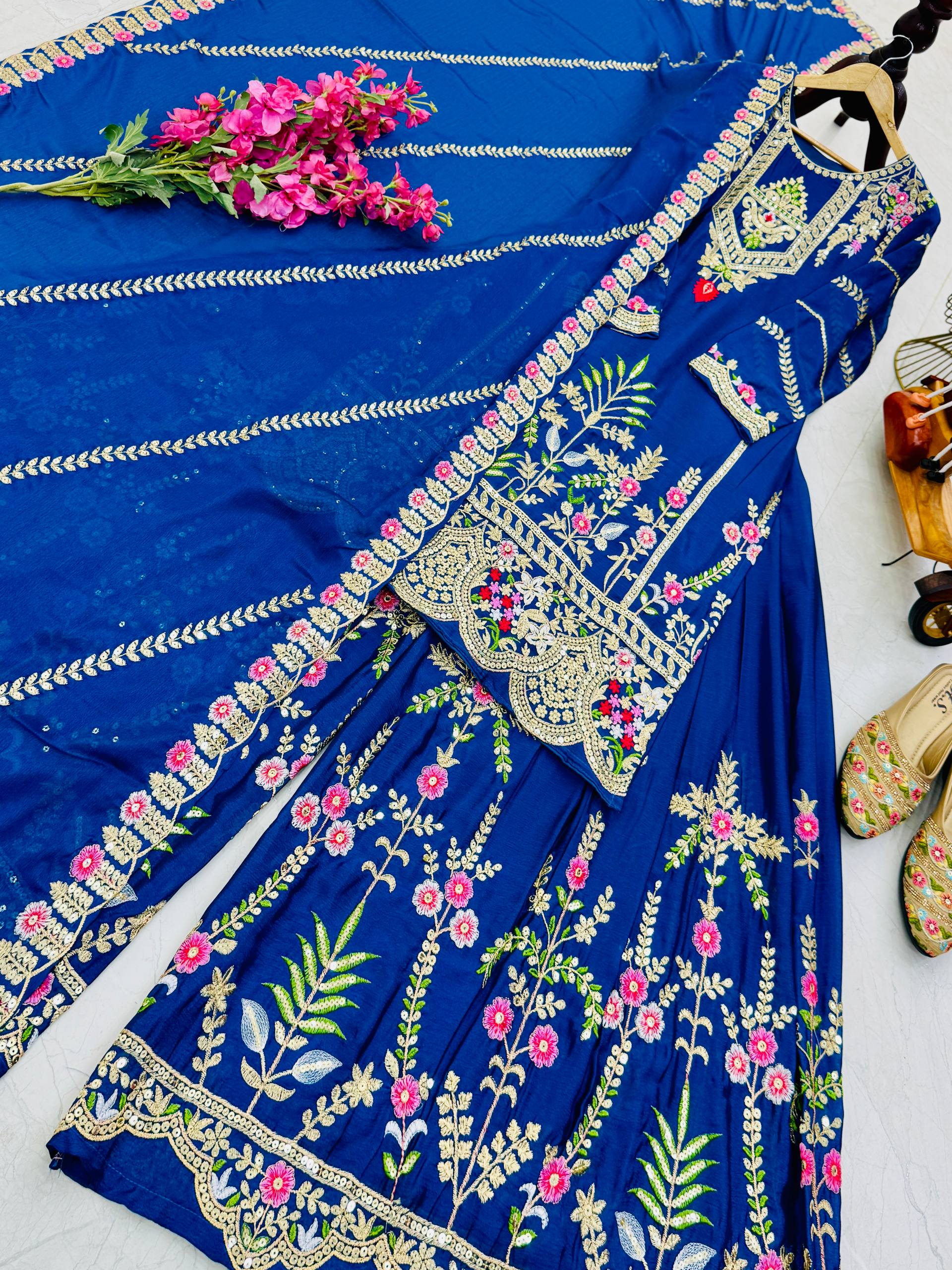Trendy Blue Color Embroidery Thread Work Sharara Suit