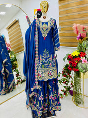Trendy Blue Color Embroidery Thread Work Sharara Suit