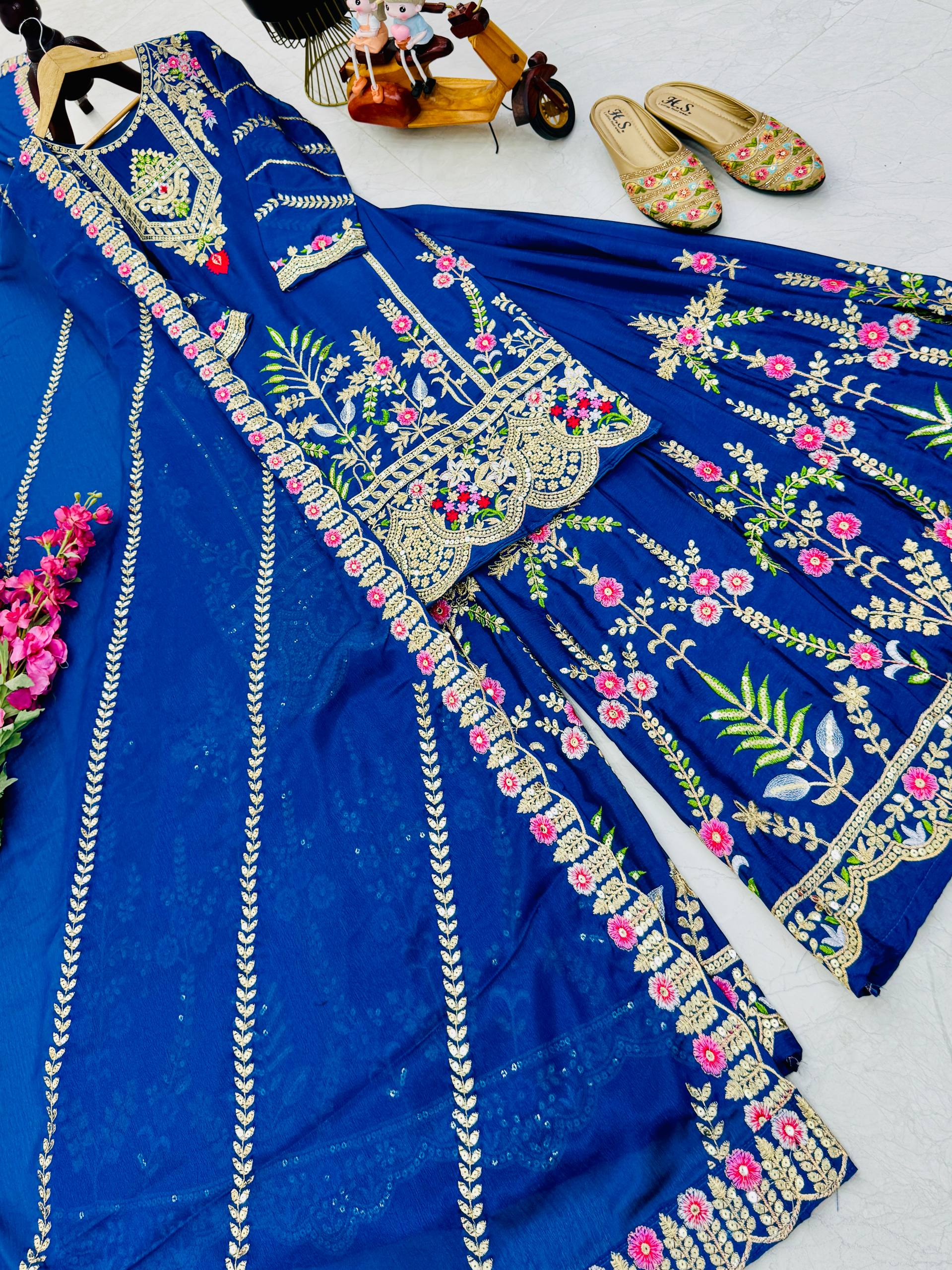 Trendy Blue Color Embroidery Thread Work Sharara Suit