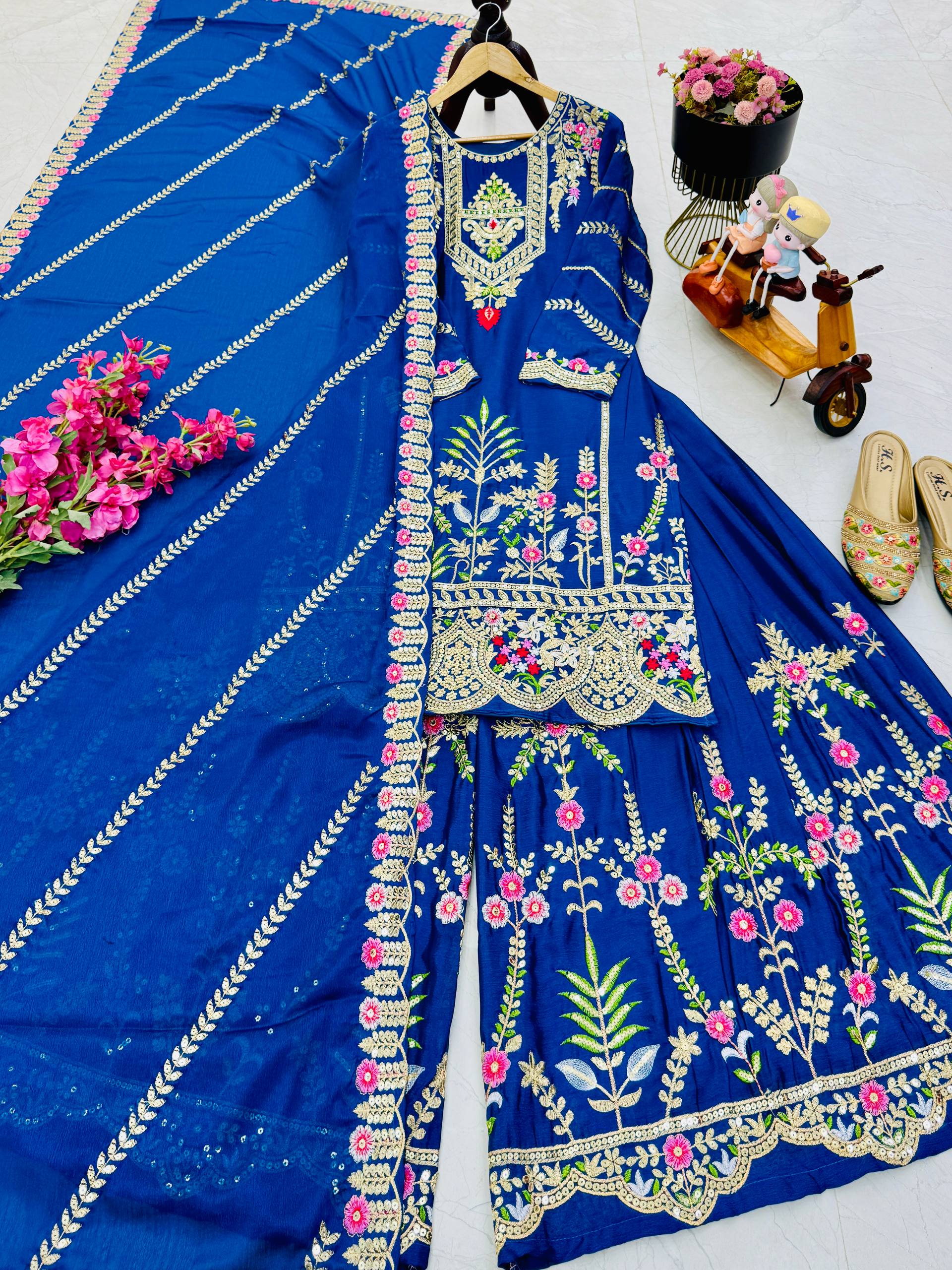 Trendy Blue Color Embroidery Thread Work Sharara Suit
