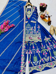 Trendy Blue Color Embroidery Thread Work Sharara Suit