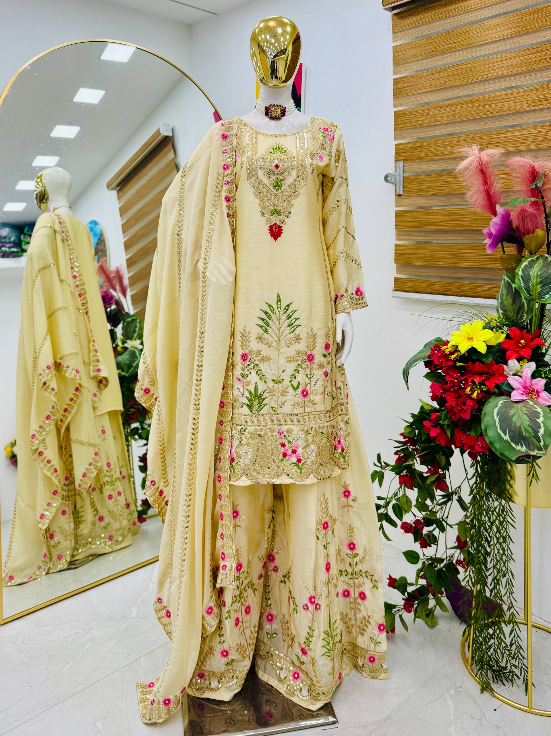 Trendy Blue Color Embroidery Thread Work Sharara Suit