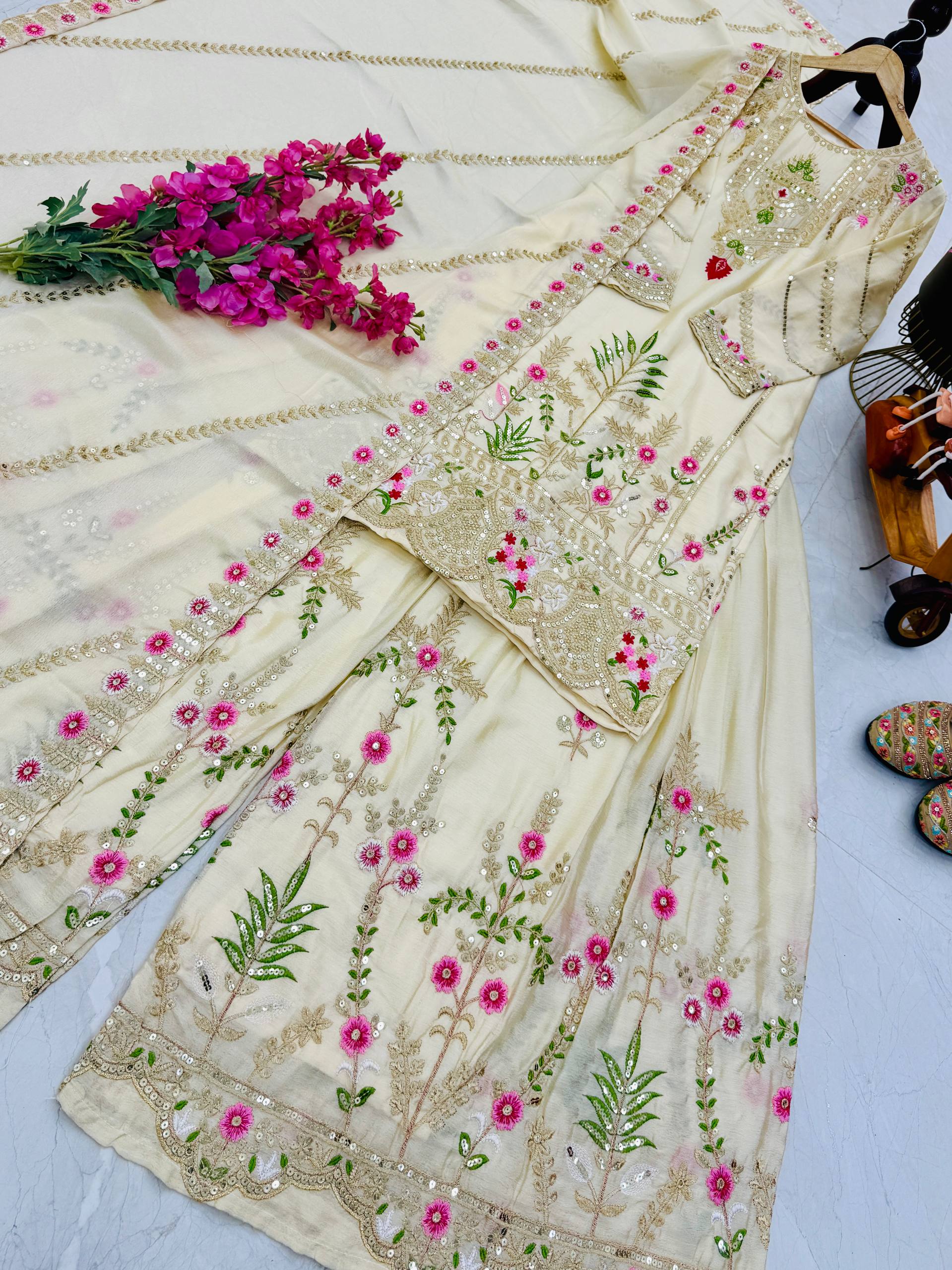 Trendy Blue Color Embroidery Thread Work Sharara Suit