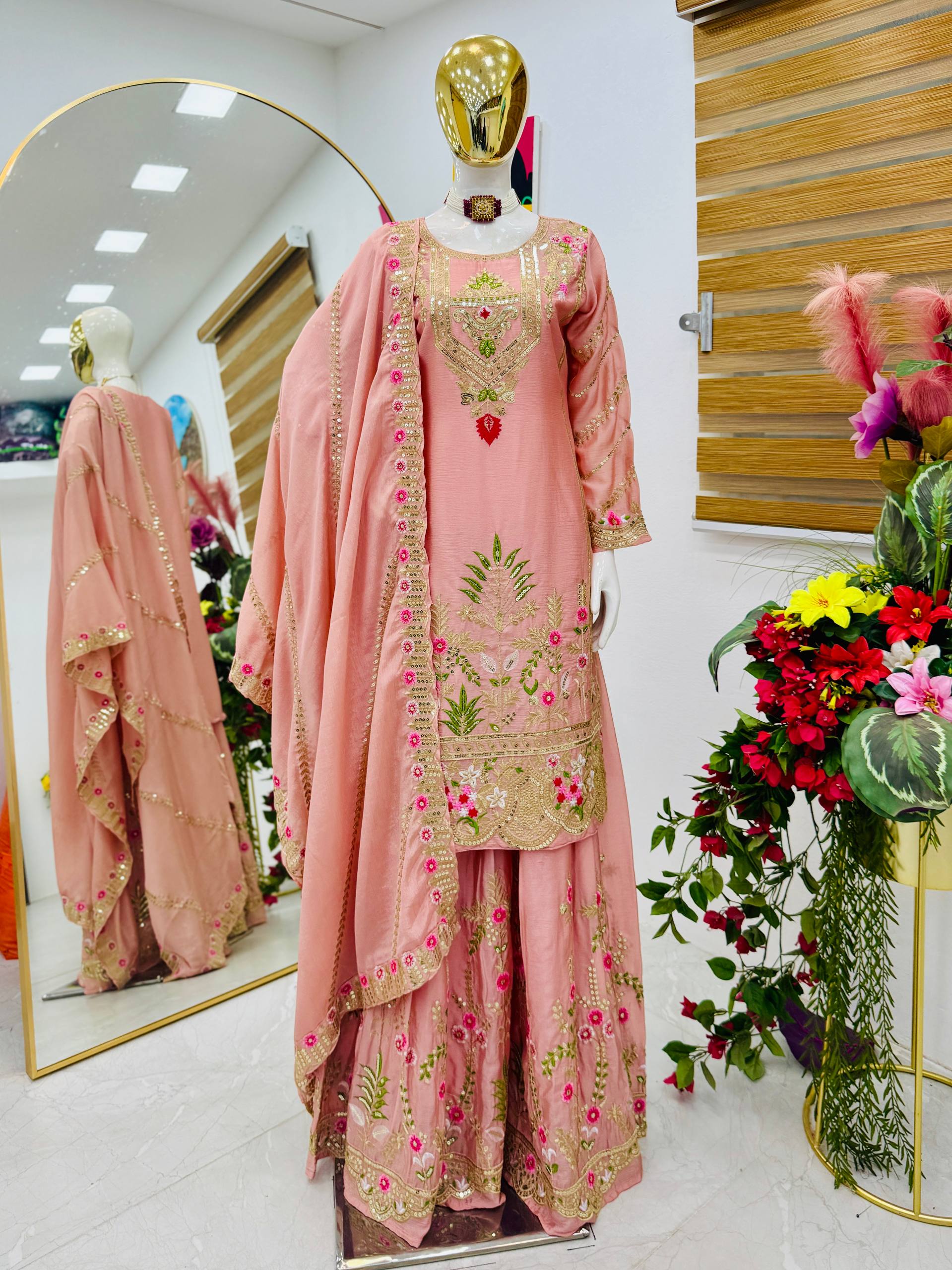 Trendy Blue Color Embroidery Thread Work Sharara Suit