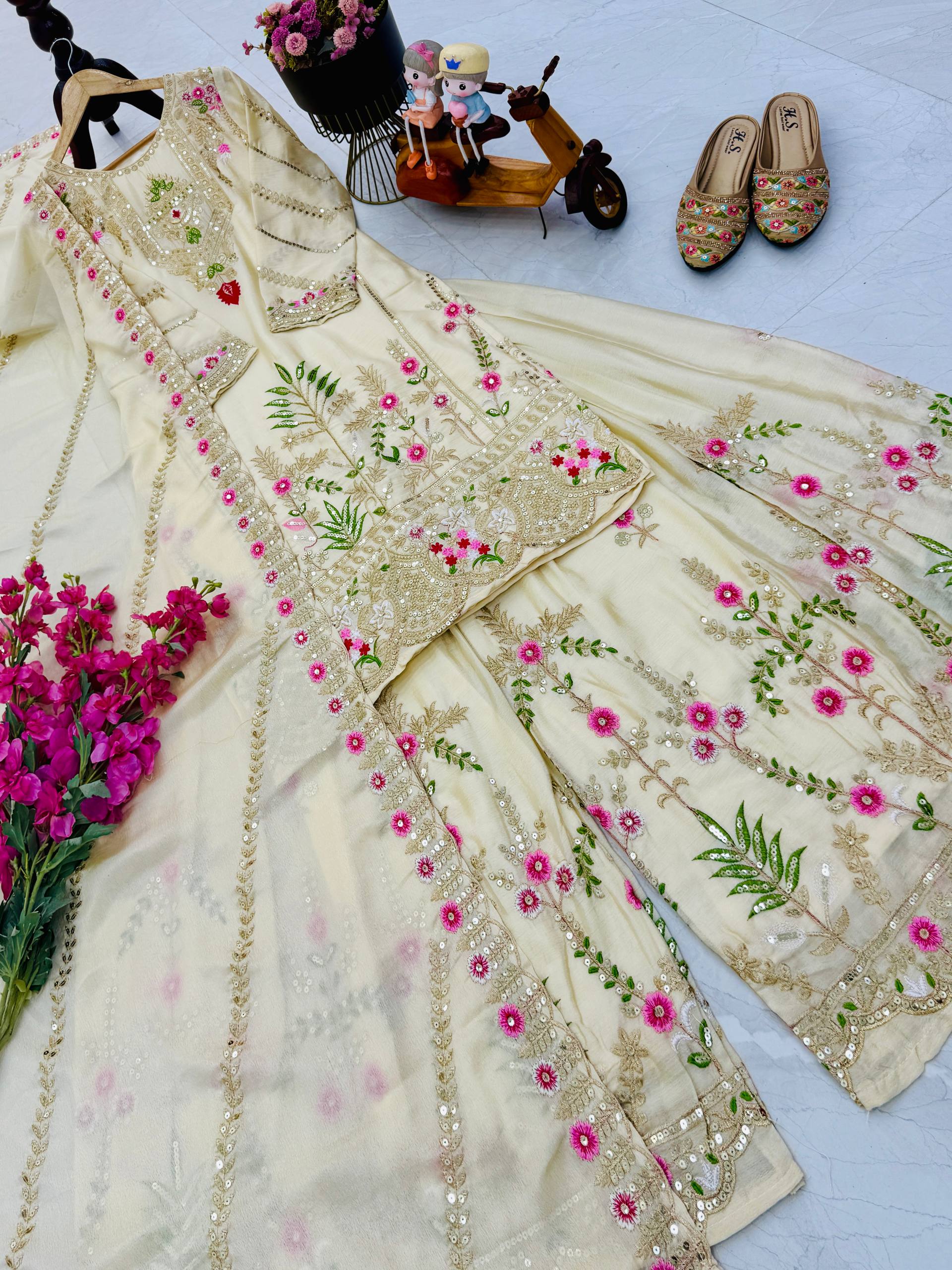 Trendy Blue Color Embroidery Thread Work Sharara Suit