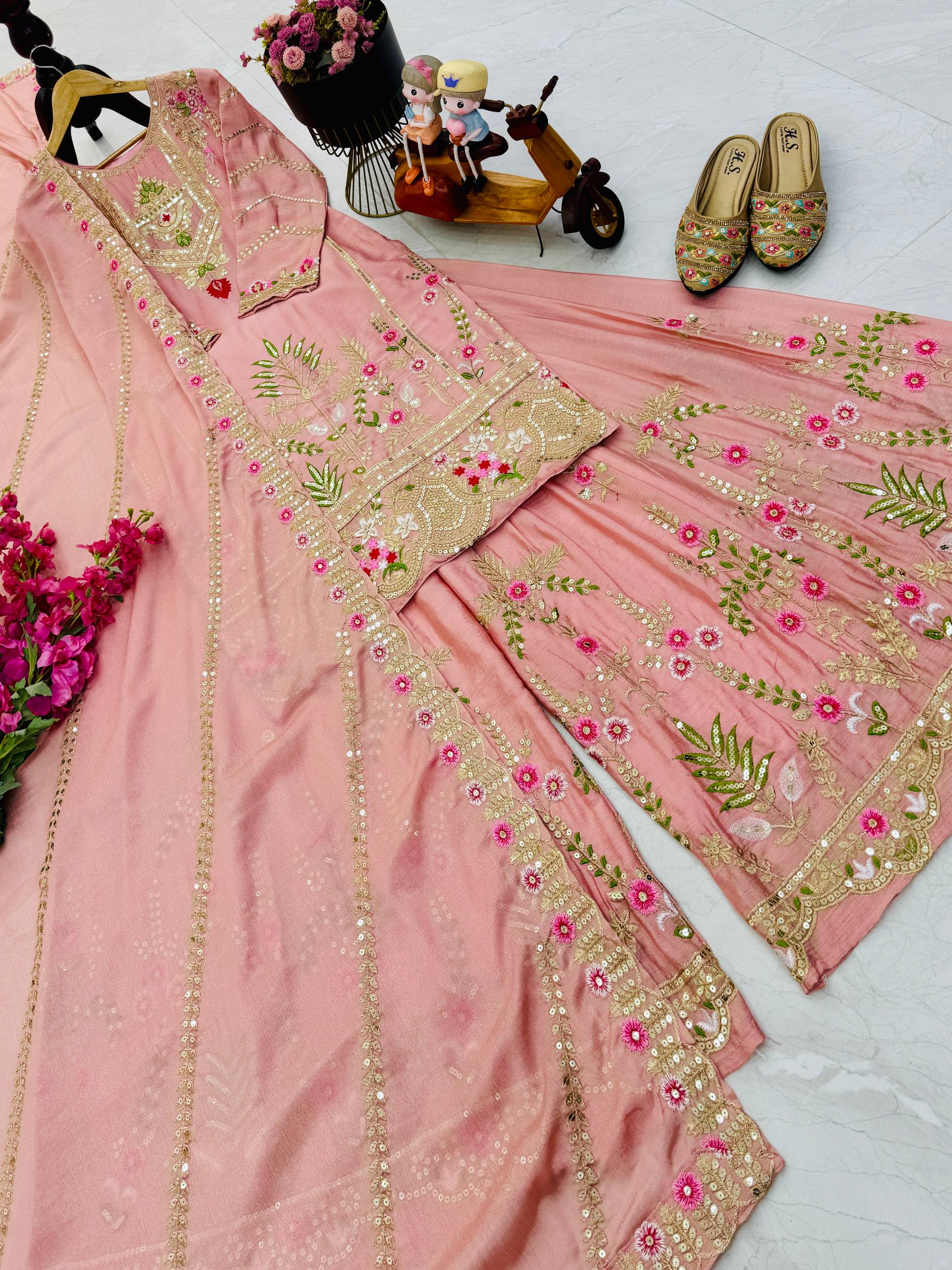 Trendy Blue Color Embroidery Thread Work Sharara Suit