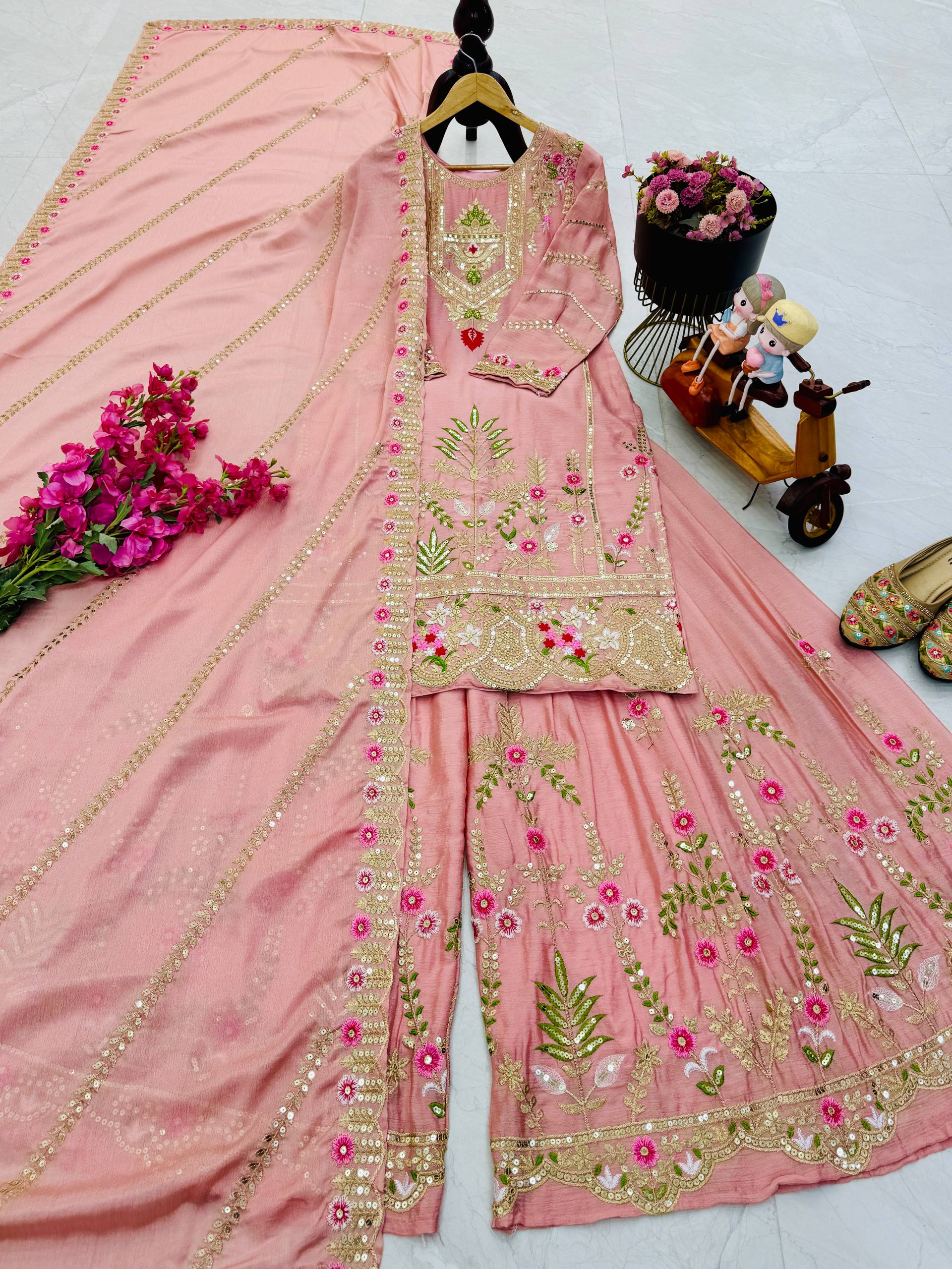 Trendy Blue Color Embroidery Thread Work Sharara Suit