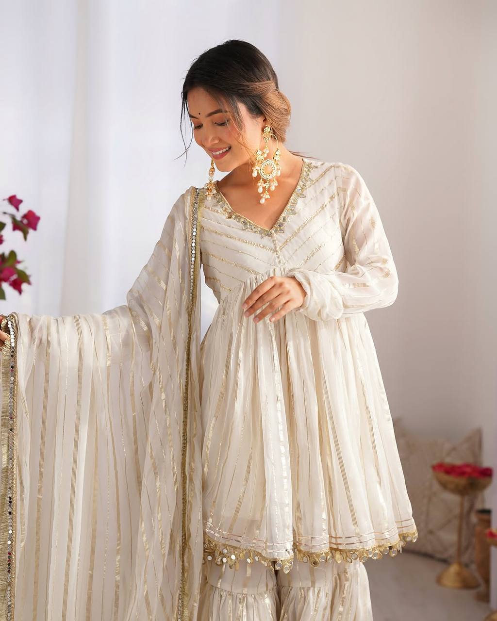 Awesome White Color Mirror Work Sharara Suit