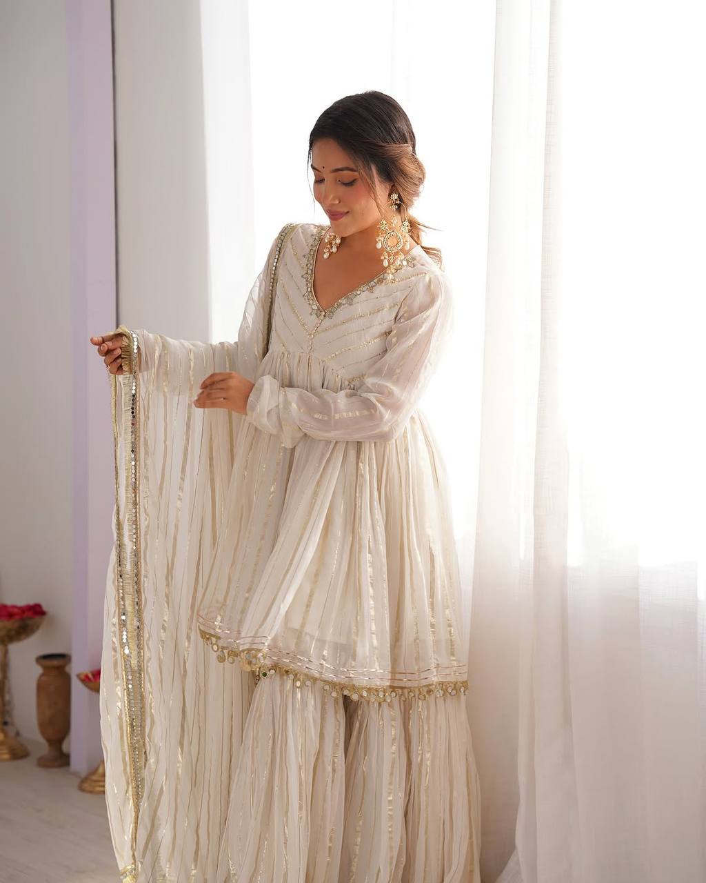 Awesome White Color Mirror Work Sharara Suit