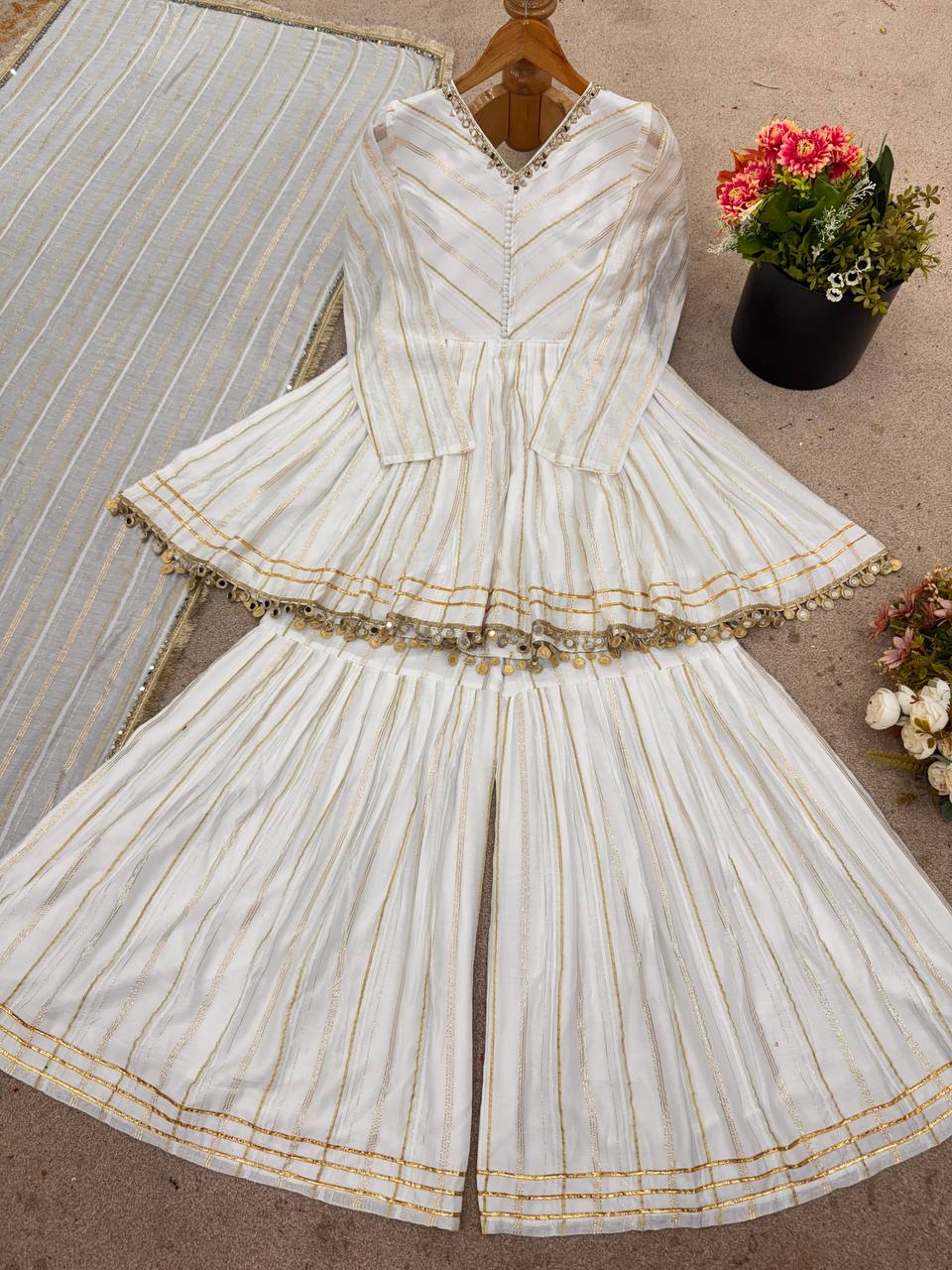 Awesome White Color Mirror Work Sharara Suit