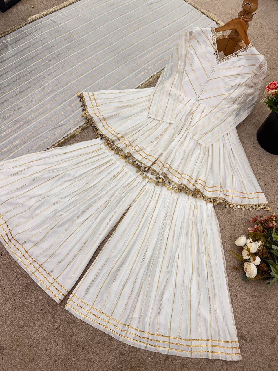 Awesome White Color Mirror Work Sharara Suit