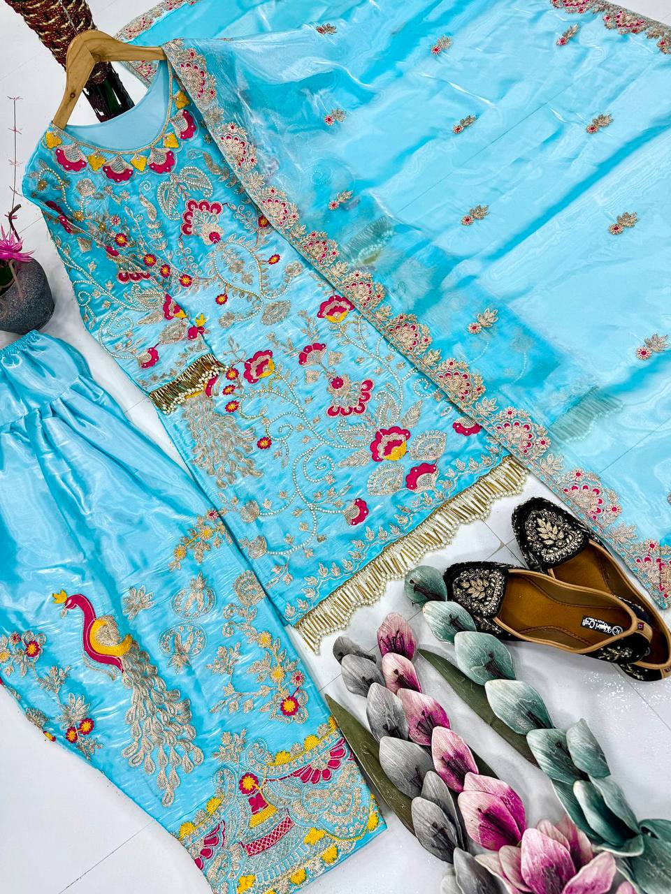 Fancy Sky Blue Color Embroidery Work Palazzo Suit