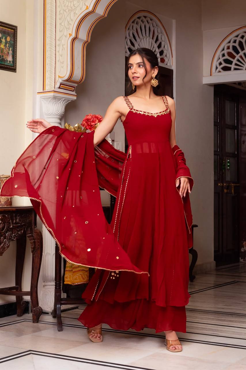 Trendy Red Color Mirror Work Georgette Anarkali Suit