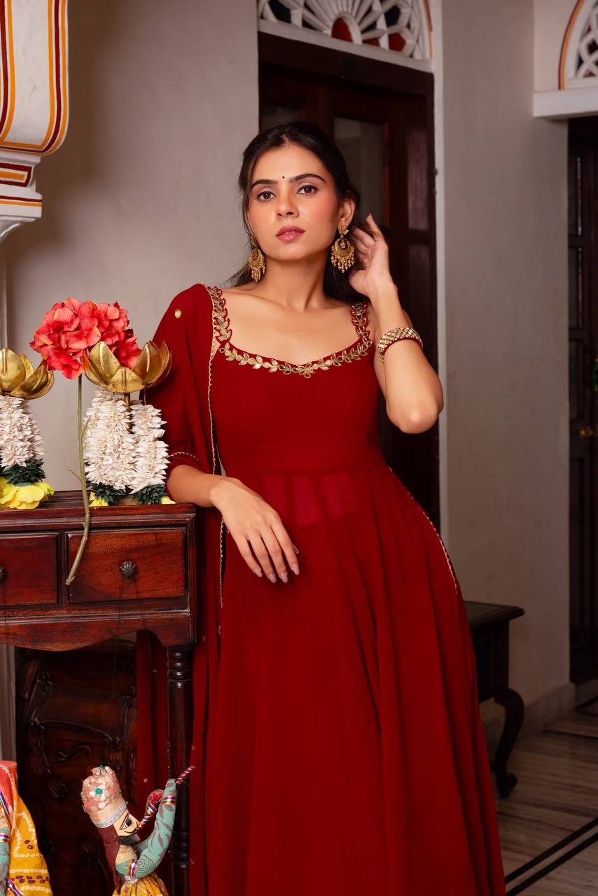 Trendy Red Color Mirror Work Georgette Anarkali Suit