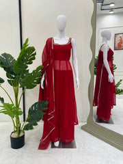 Trendy Red Color Mirror Work Georgette Anarkali Suit
