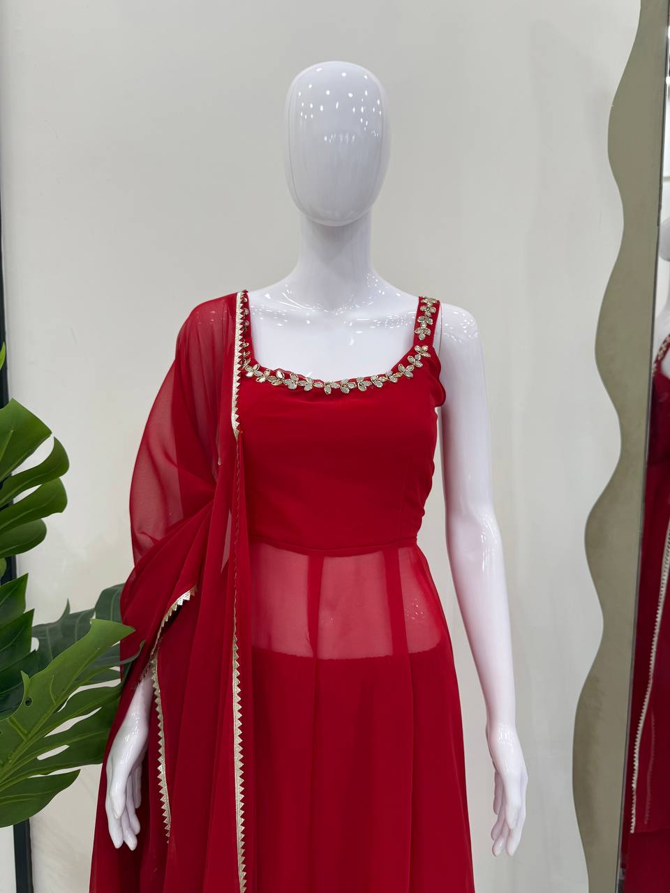 Trendy Red Color Mirror Work Georgette Anarkali Suit