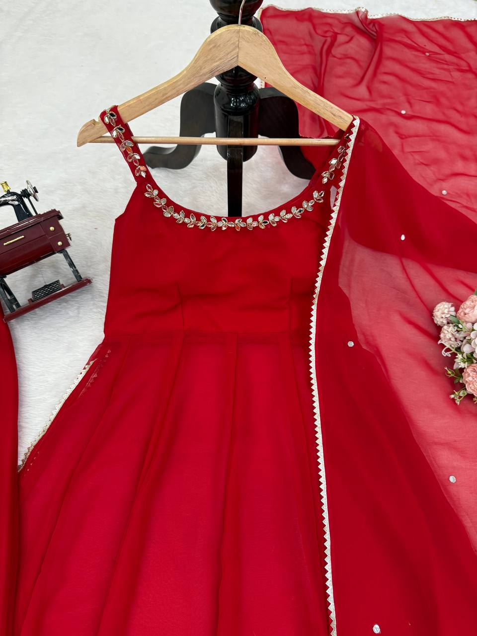 Trendy Red Color Mirror Work Georgette Anarkali Suit