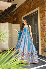 Beautiful Blue Digital Printed Organza Gown
