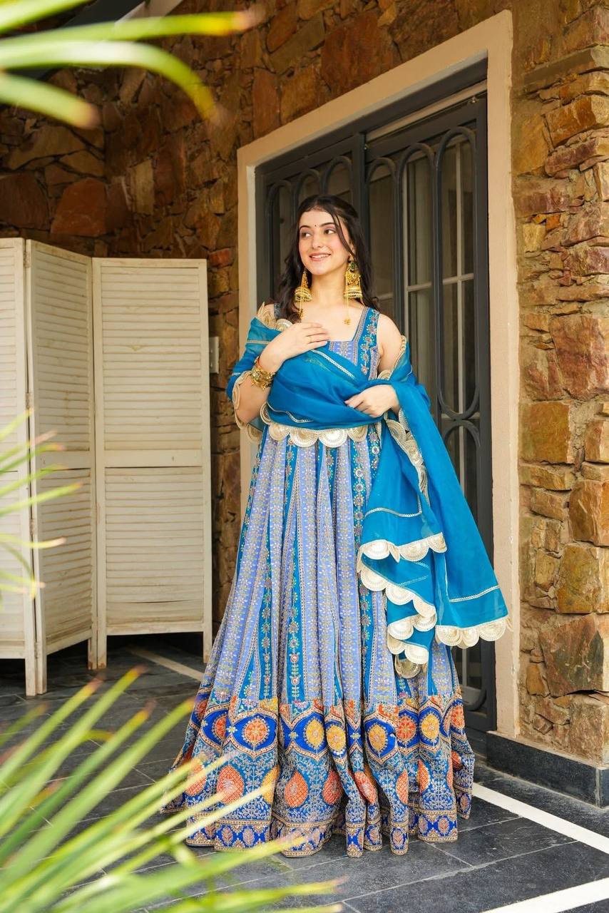 Beautiful Blue Digital Printed Organza Gown
