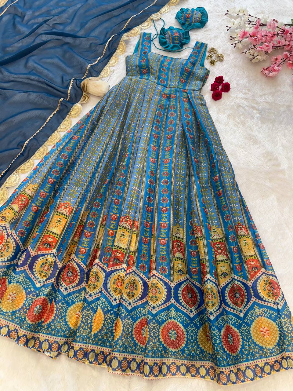 Beautiful Blue Digital Printed Organza Gown