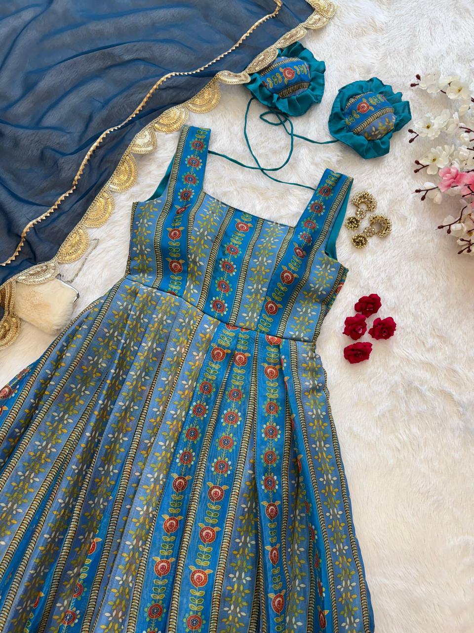 Beautiful Blue Digital Printed Organza Gown