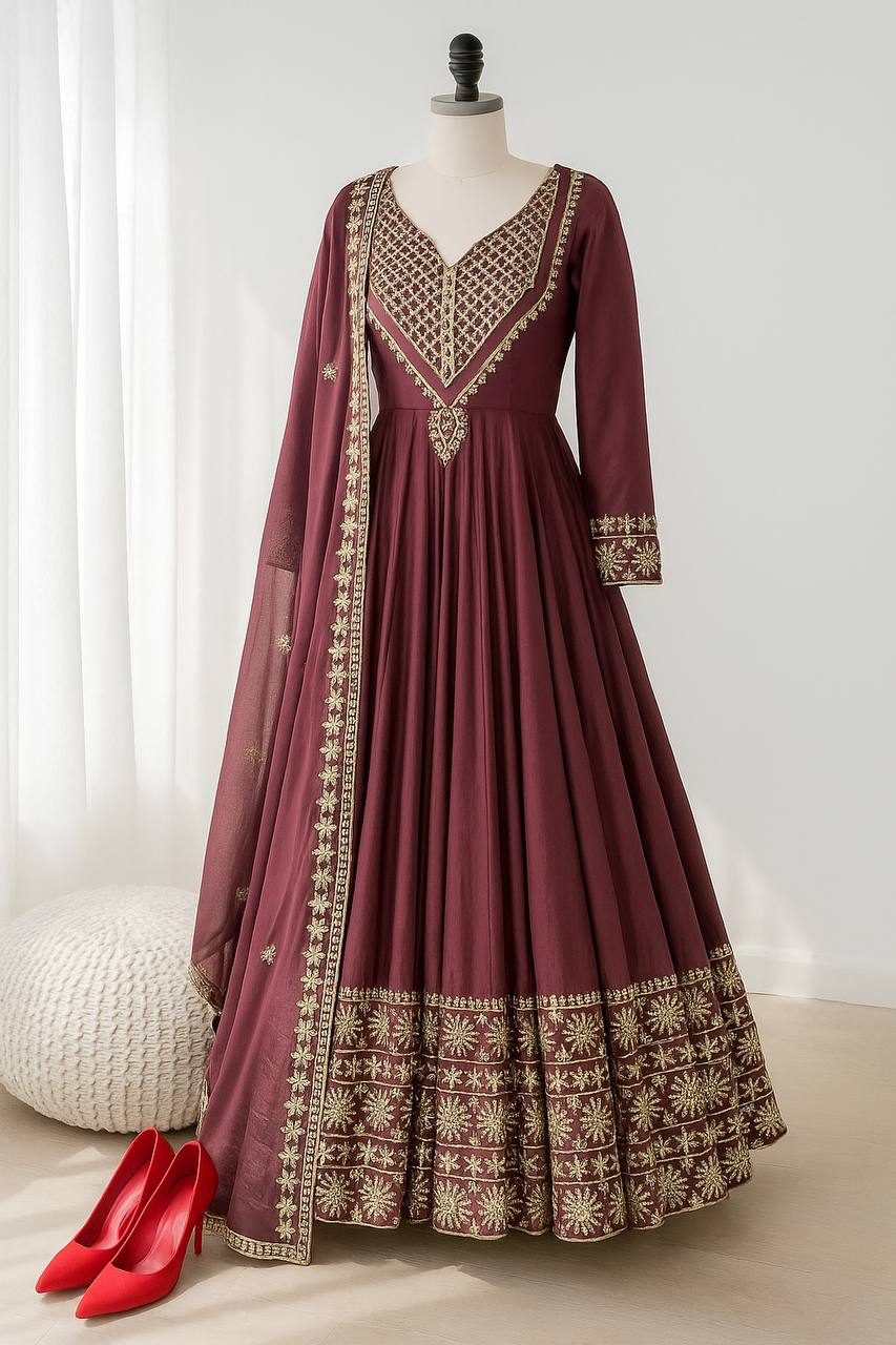 Attractive Mehndi Color Embroidery Work Gown