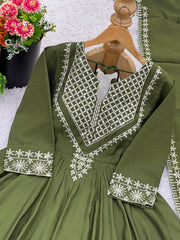 Attractive Mehndi Color Embroidery Work Gown
