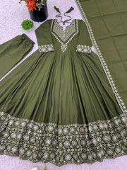 Attractive Mehndi Color Embroidery Work Gown