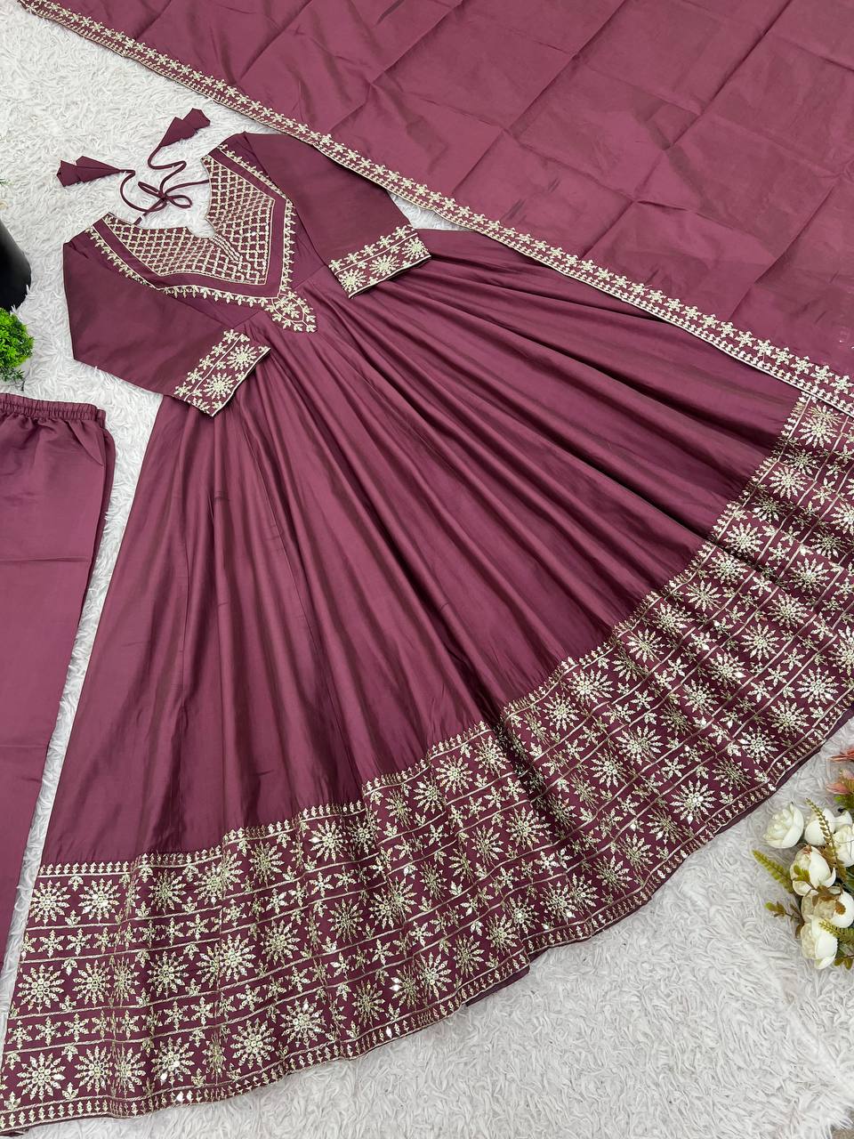 Attractive Mehndi Color Embroidery Work Gown