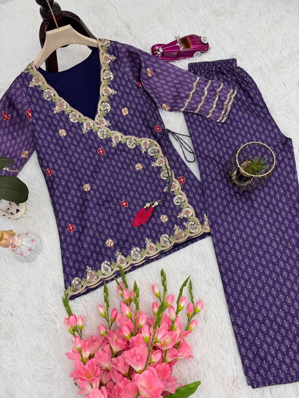 Trendy Purple Vichitra Silk Embroidery Palazzo Suit