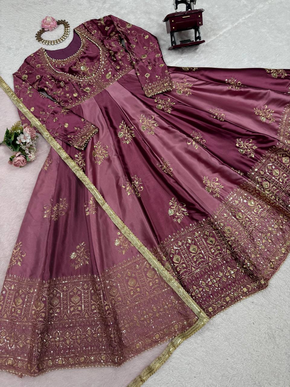 Alluring Wine Color Thread Work Anarkali Gown