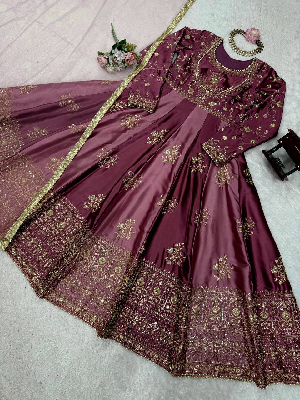 Alluring Wine Color Thread Work Anarkali Gown